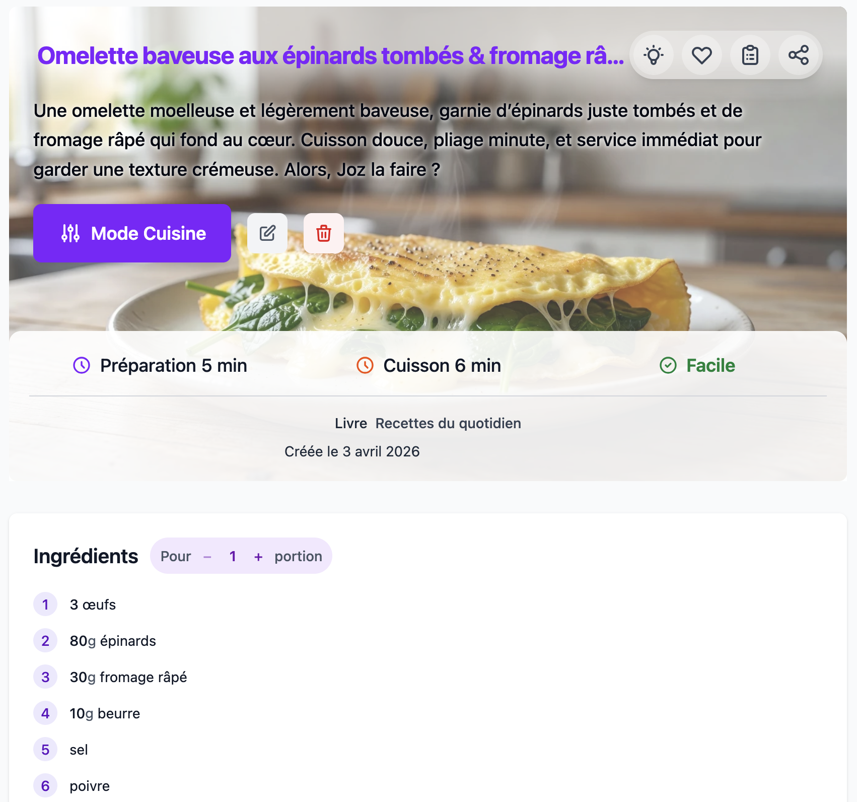 Recette générée par l'IA avec ingrédients, étapes et temps de préparation