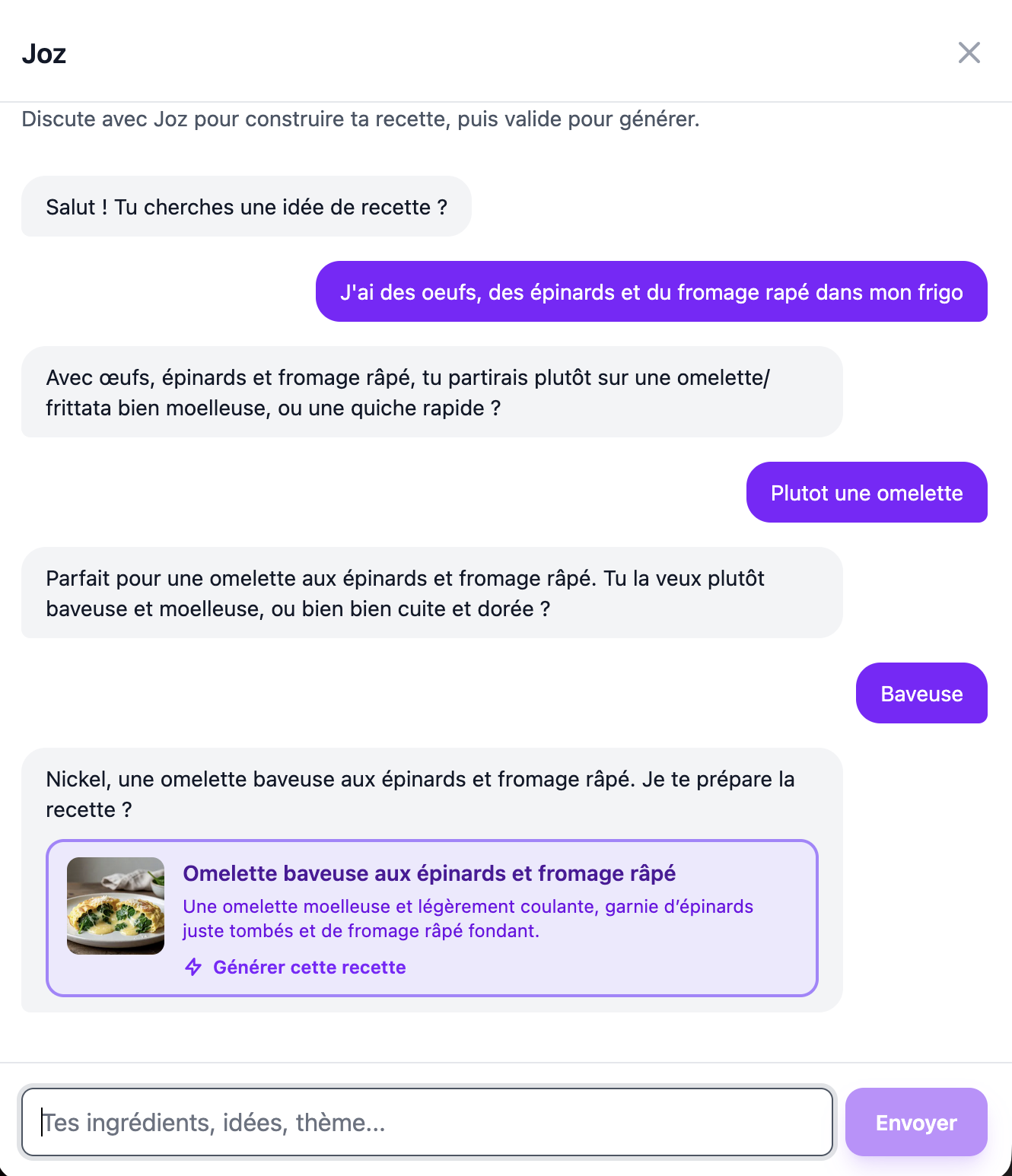 Écran de génération de recette par IA — l'utilisateur décrit une envie culinaire