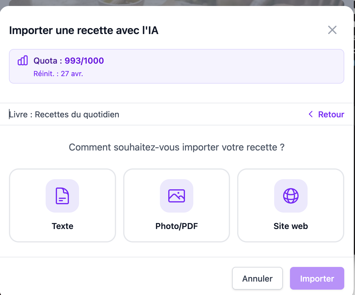 Interface d'import de recette par intelligence artificielle — collez une URL et l'IA extrait les ingrédients et les étapes
