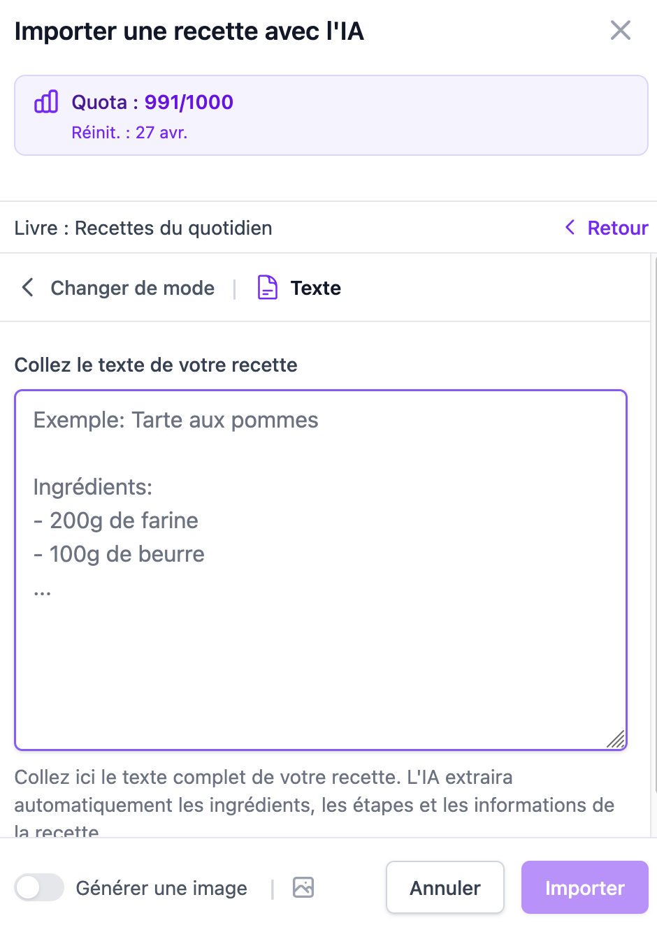 Saisie d'une URL de recette à importer